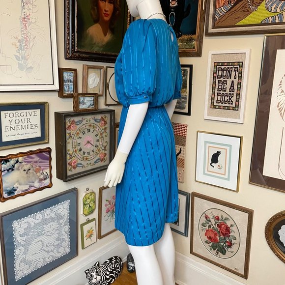 80s Vintage Oops California Blue Striped Knit Short Sleeve Bateau Neck Dress M - Picture 3 of 5
